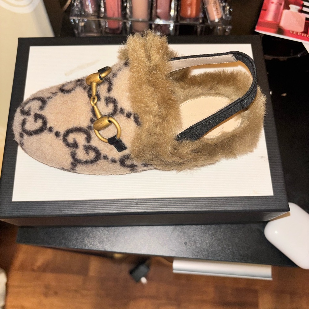 Gucci Beige and Brown GG Fur-Trim Kids Slipper with Horsebit